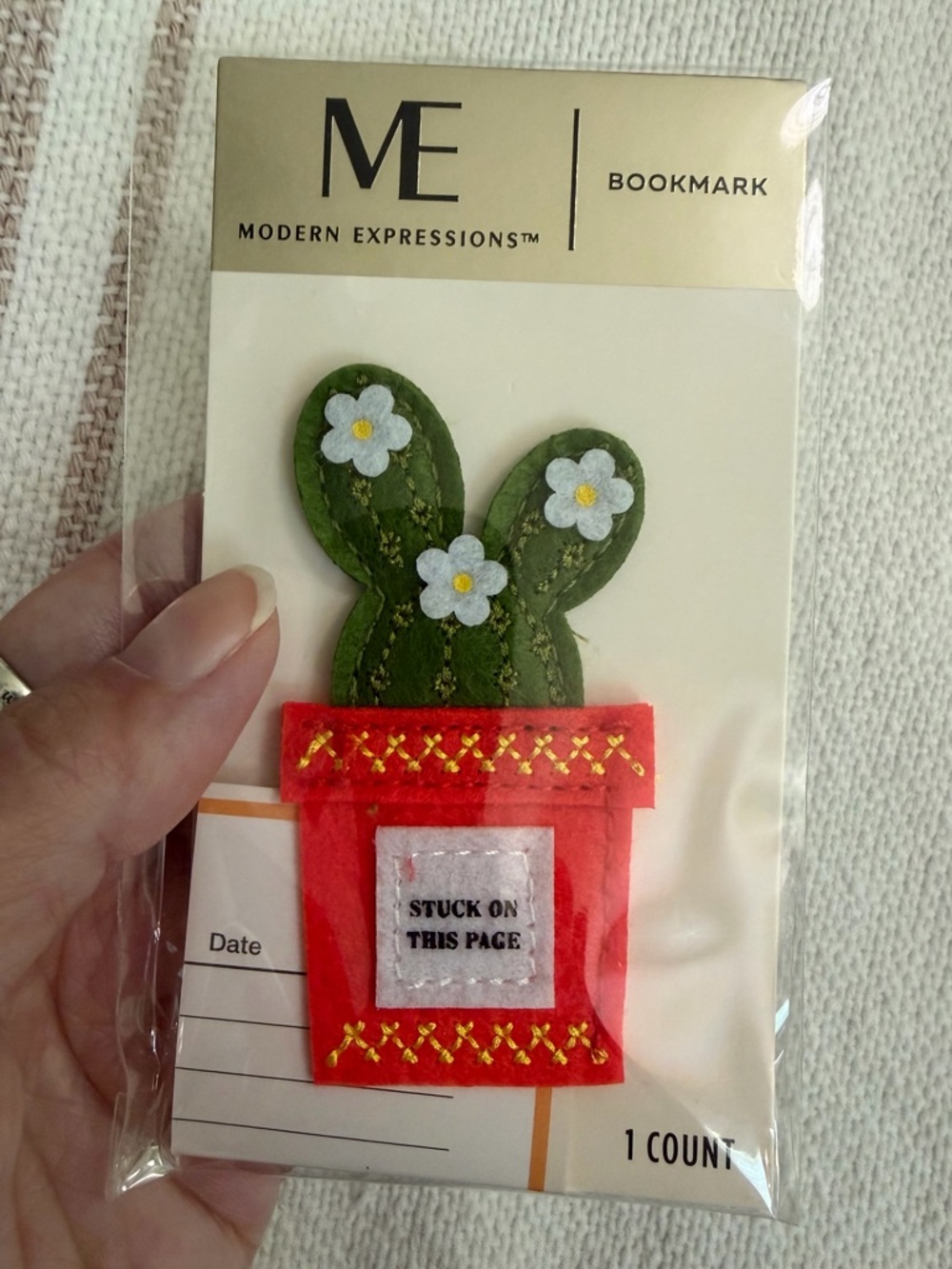 Felt Cactus Bookmark with Red Pot and White Flowers